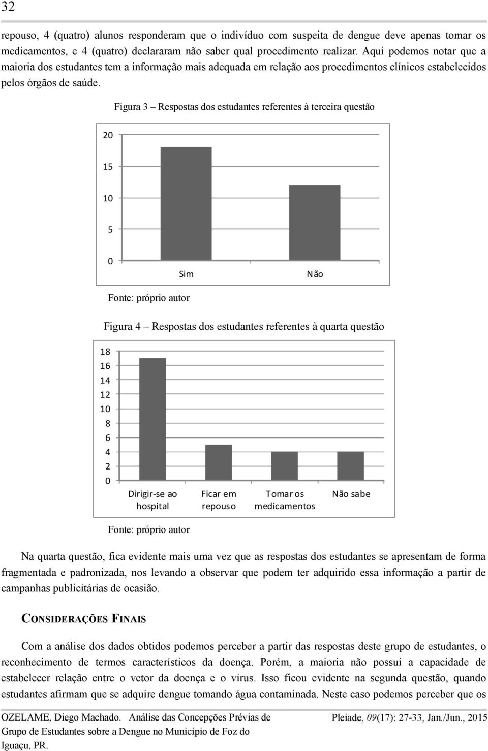 Figura 3 Respostas dos estudantes referentes à terceira questão 2 15 1 5 Sim Não Figura 4 Respostas dos estudantes referentes à quarta questão 18 16 14 12 1 8 6 4 2 Dirigir-se ao hospital Ficar em