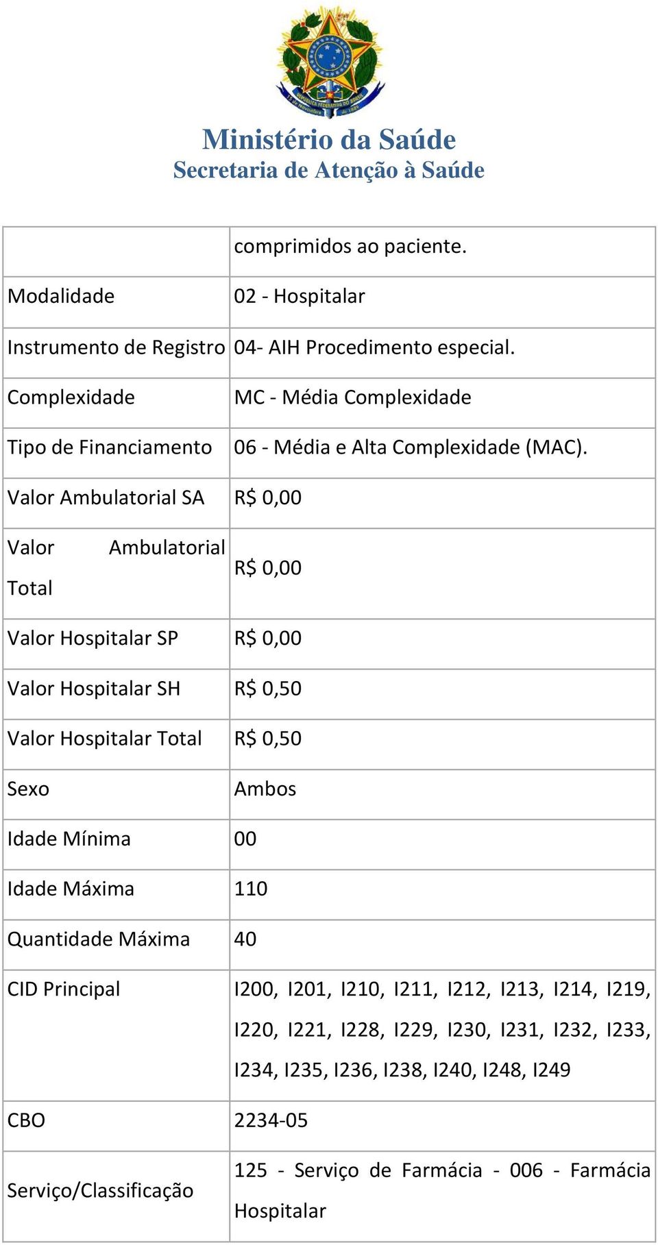 Valor Ambulatorial SA R$ 0,00 Valor Total Ambulatorial R$ 0,00 Valor Hospitalar SP R$ 0,00 Valor Hospitalar SH R$ 0,50 Valor Hospitalar Total R$ 0,50 Sexo Ambos