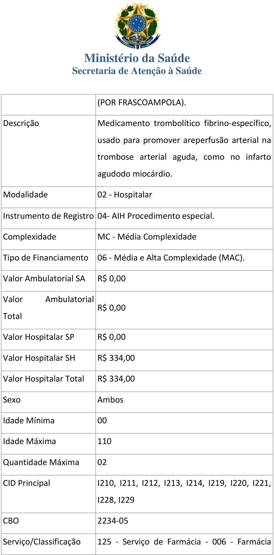 02 - Hospitalar Instrumento de Registro 04- AIH especial. Complexidade Tipo de Financiamento MC - Média Complexidade 06 - Média e Alta Complexidade (MAC).