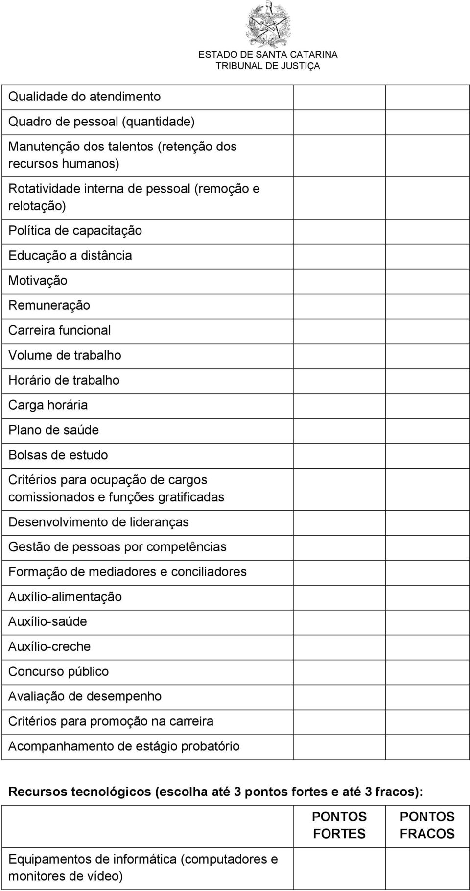 gratificadas Desenvolvimento de lideranças Gestão de pessoas por competências Formação de mediadores e conciliadores Auxílio-alimentação Auxílio-saúde Auxílio-creche Concurso público Avaliação de