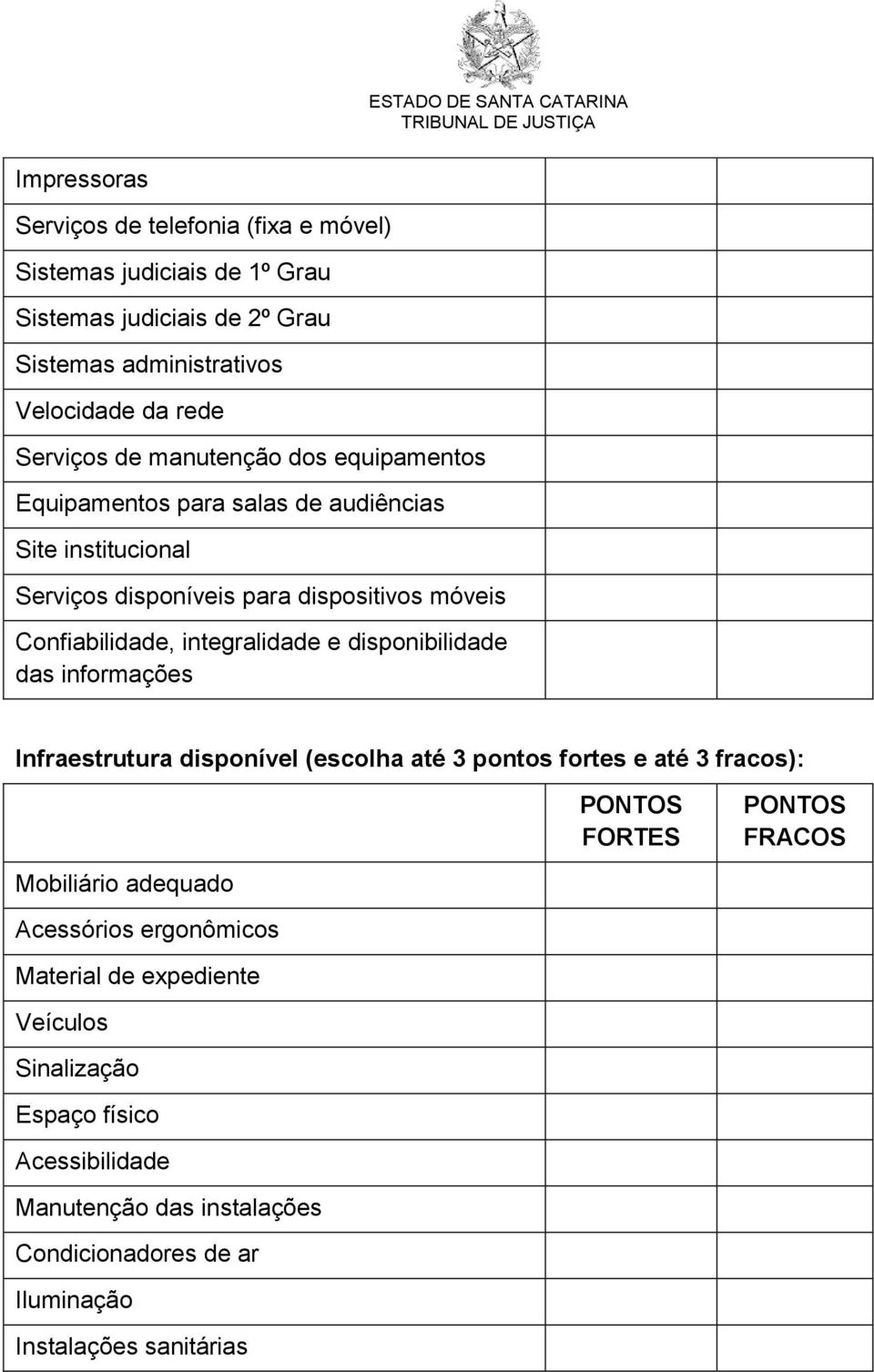 Confiabilidade, integralidade e disponibilidade das informações Infraestrutura disponível (escolha até 3 pontos fortes e até 3 fracos): Mobiliário adequado