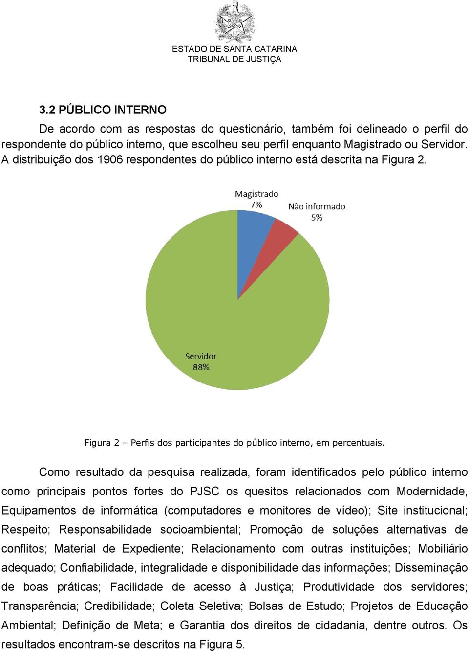 Como resultado da pesquisa realizada, foram identificados pelo público interno como principais pontos fortes do PJSC os quesitos relacionados com Modernidade, Equipamentos de informática