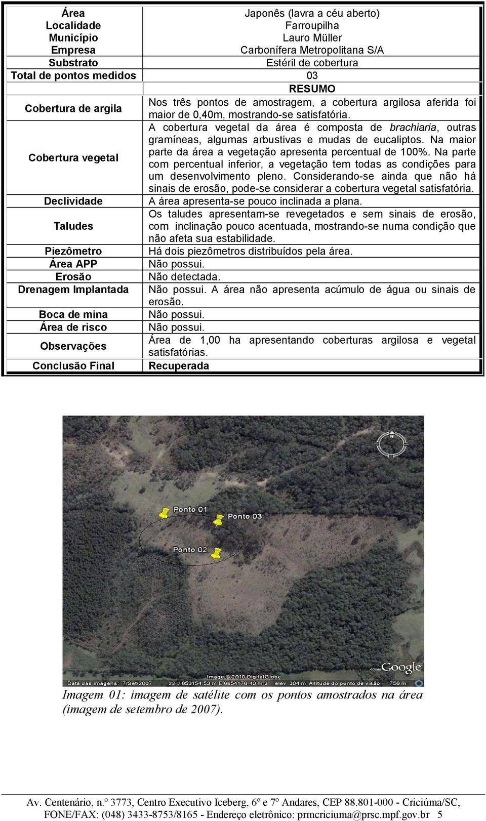 aferida foi maior de 0,40m, mostrando-se satisfatória. A cobertura vegetal da área é composta de brachiaria, outras gramíneas, algumas arbustivas e mudas de eucaliptos.