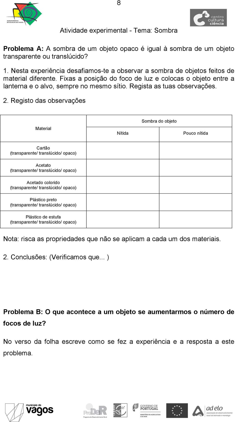 Regista as tuas observações. 2.