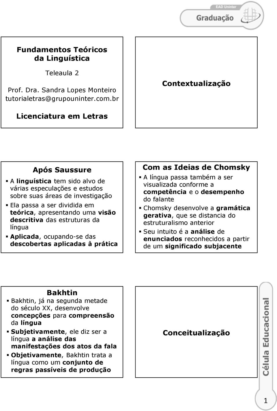 apresentando uma visão descritiva das estruturas da língua Aplicada, ocupando-se das descobertas aplicadas à prática Com as Ideias de Chomsky A língua passa também a ser visualizada conforme a