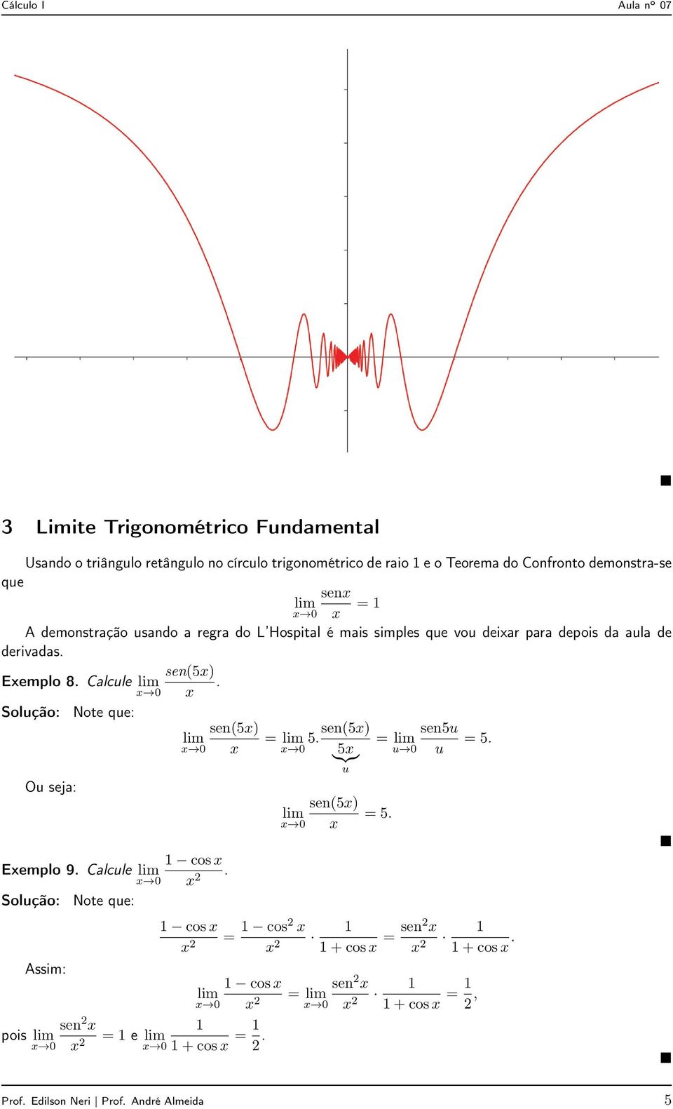 sen(5) Eemplo 8. Calcule. Note que: sen(5) = 5. sen(5) sen5u = = 5. }{{} 5 u 0 u u Ou seja: sen(5) = 5. cos Eemplo 9. Calcule 2.