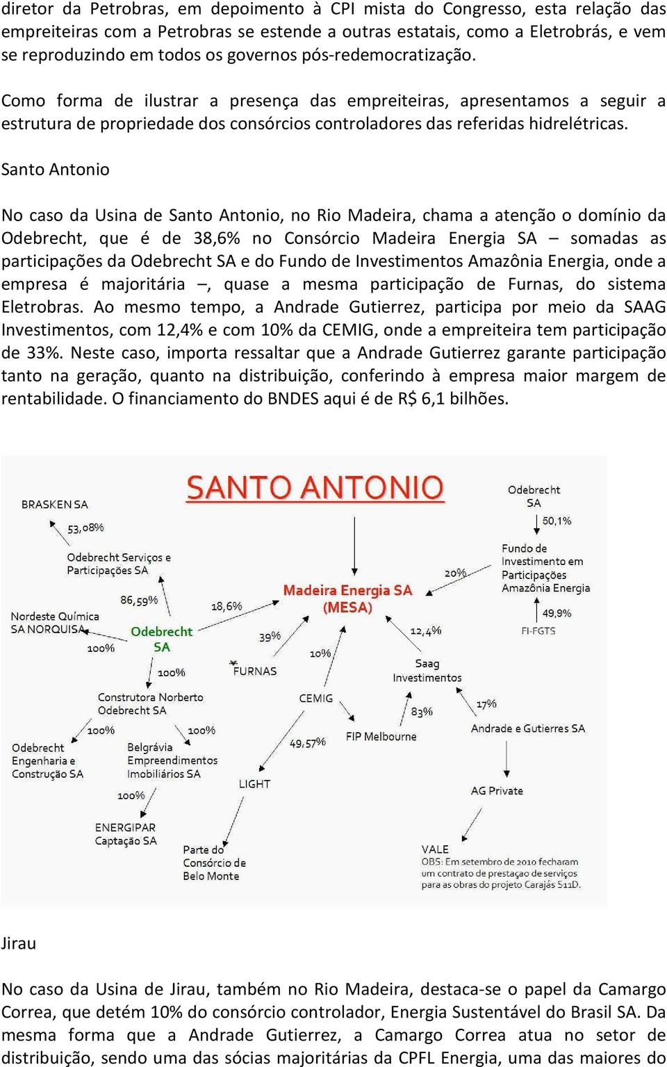 Santo Antonio No caso da Usina de Santo Antonio, no Rio Madeira, chama a atenção o domínio da Odebrecht, que é de 38,6% no Consórcio Madeira Energia SA somadas as participações da Odebrecht SA e do