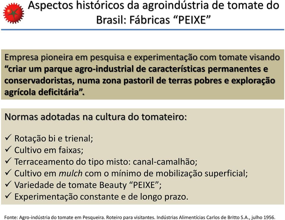 Normas adotadas na cultura do tomateiro: Rotação bi e trienal; Cultivo em faixas; Terraceamento do tipo misto: canal-camalhão; Cultivo em mulch com o mínimo de