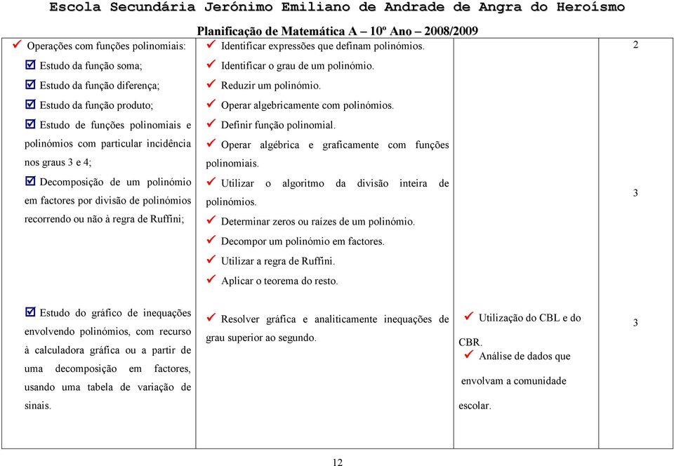 Reduzir um polinómio. Operar algebricamente com polinómios. Definir função polinomial. Operar algébrica e graficamente com funções polinomiais. Utilizar o algoritmo da divisão inteira de polinómios.