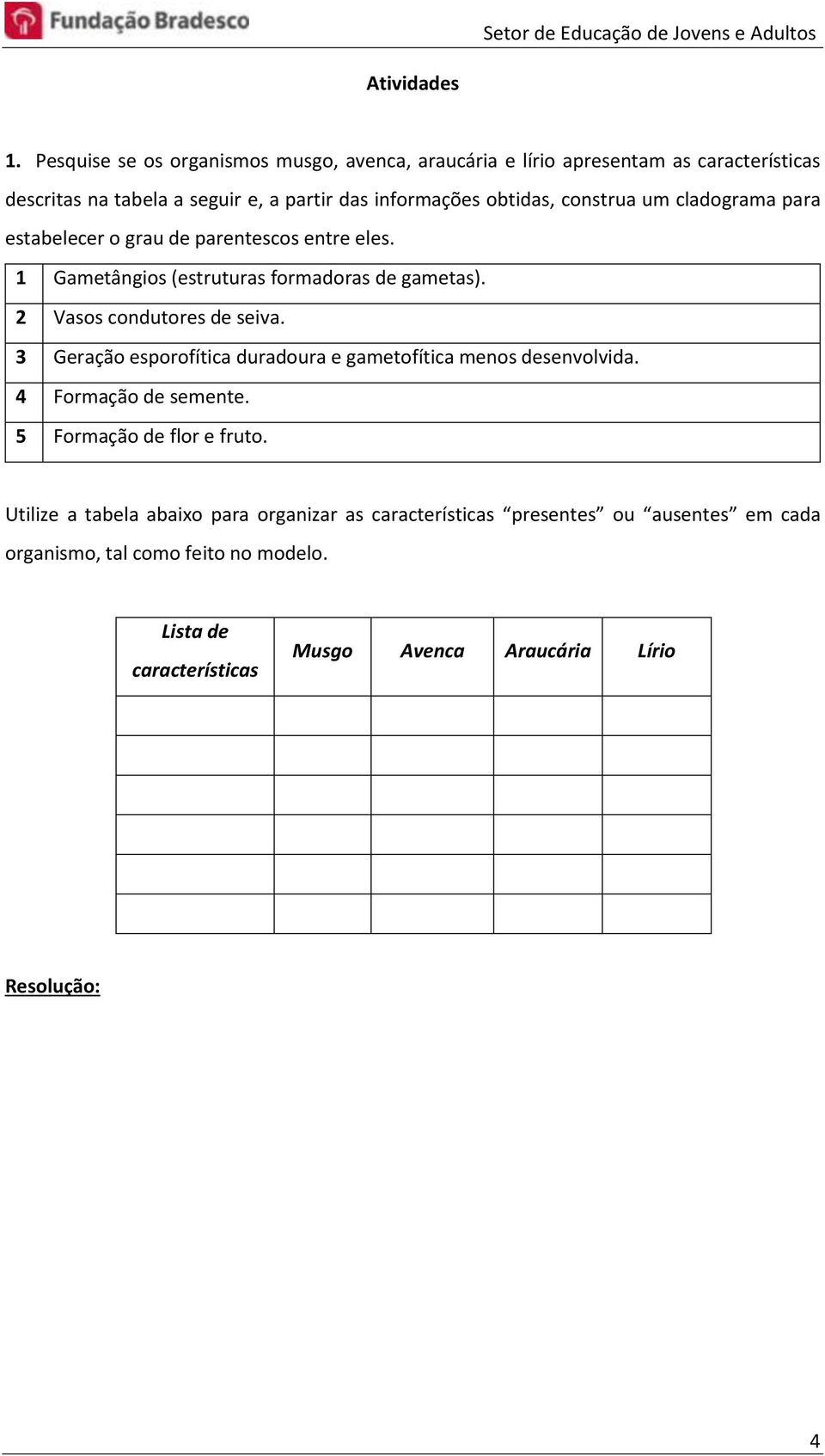 construa um cladograma para estabelecer o grau de parentescos entre eles. 1 Gametângios (estruturas formadoras de gametas). 2 Vasos condutores de seiva.