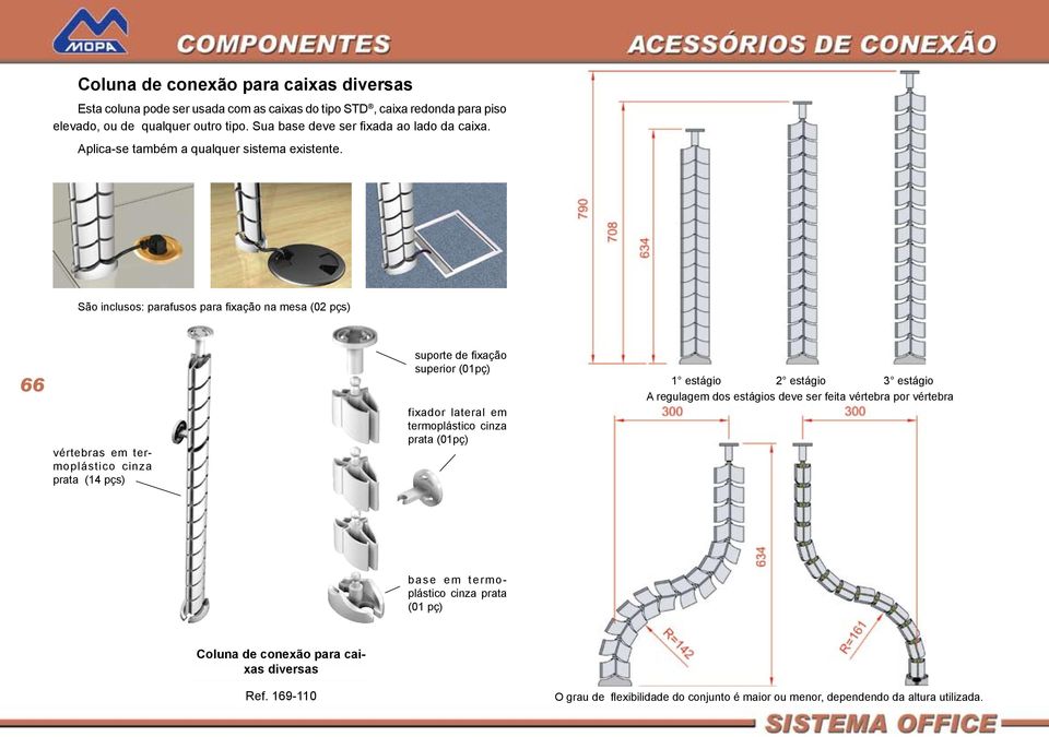 São inclusos: parafusos para fixação na mesa (02 pçs) 66 vértebras em termoplástico cinza prata (14 pçs) suporte de fixação superior (01pç) fixador lateral em termoplástico