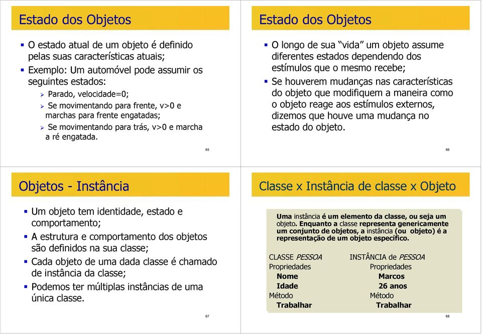 Estado dos Objetos O longo de sua vida um objeto assume diferentes estados dependendo dos estímulos que o mesmo recebe; Se houverem mudanças nas características do objeto que modifiquem a maneira