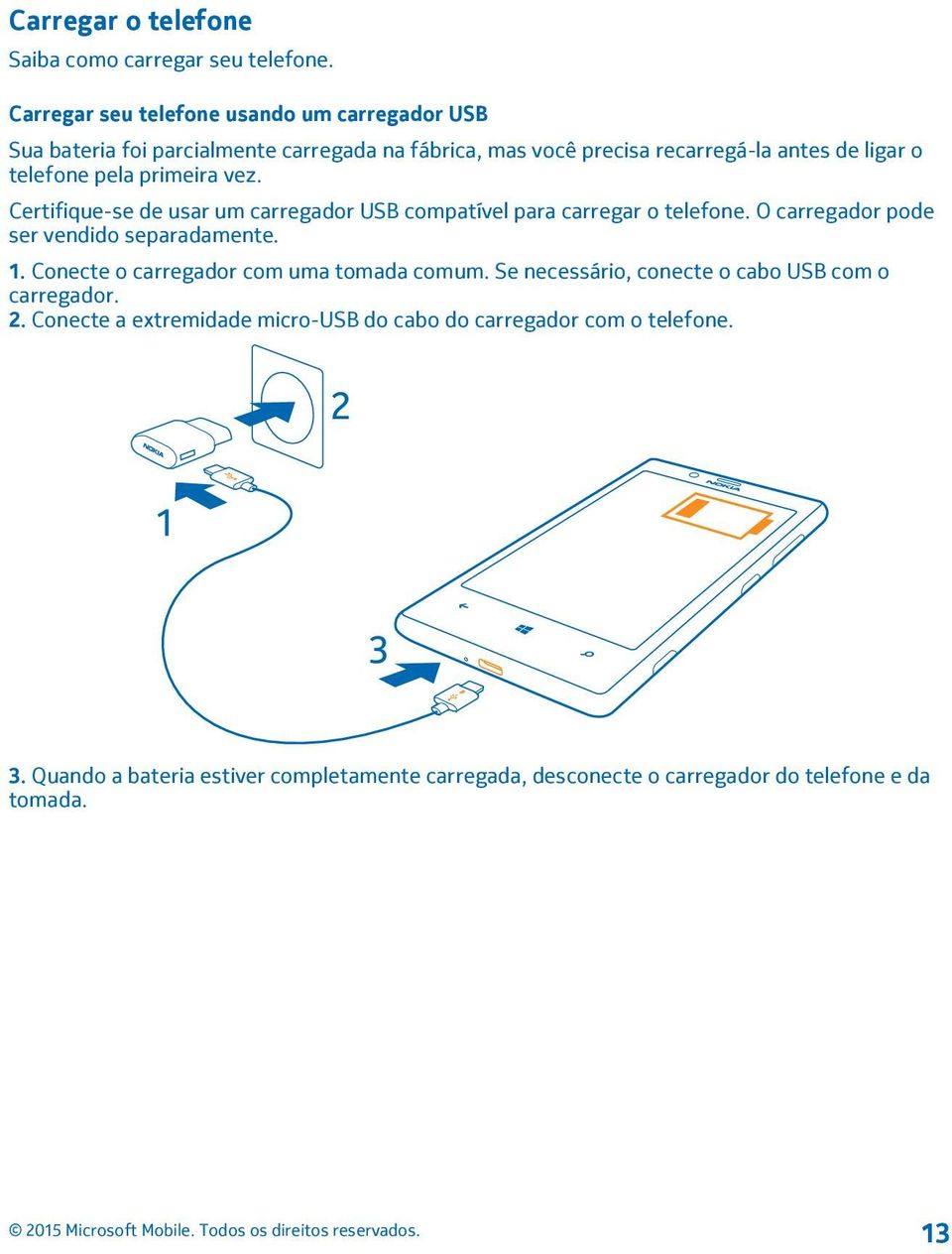 pela primeira vez. Certifique-se de usar um carregador USB compatível para carregar o telefone. O carregador pode ser vendido separadamente. 1.