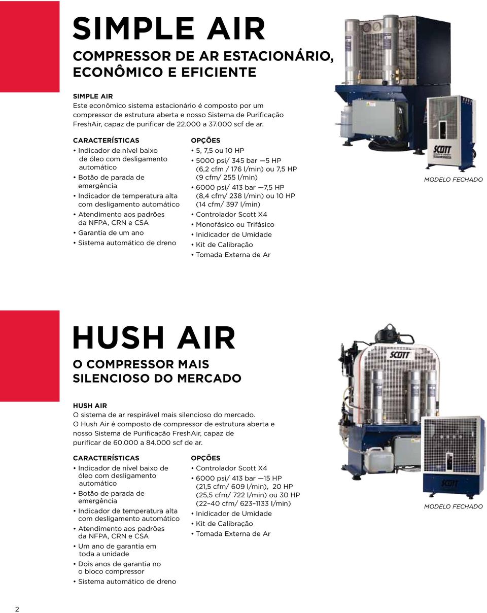 Indicador de nível baixo de óleo com desligamento automático Botão de parada de emergência Indicador de temperatura alta com desligamento automático Atendimento aos padrões da NFPA, CRN e CSA