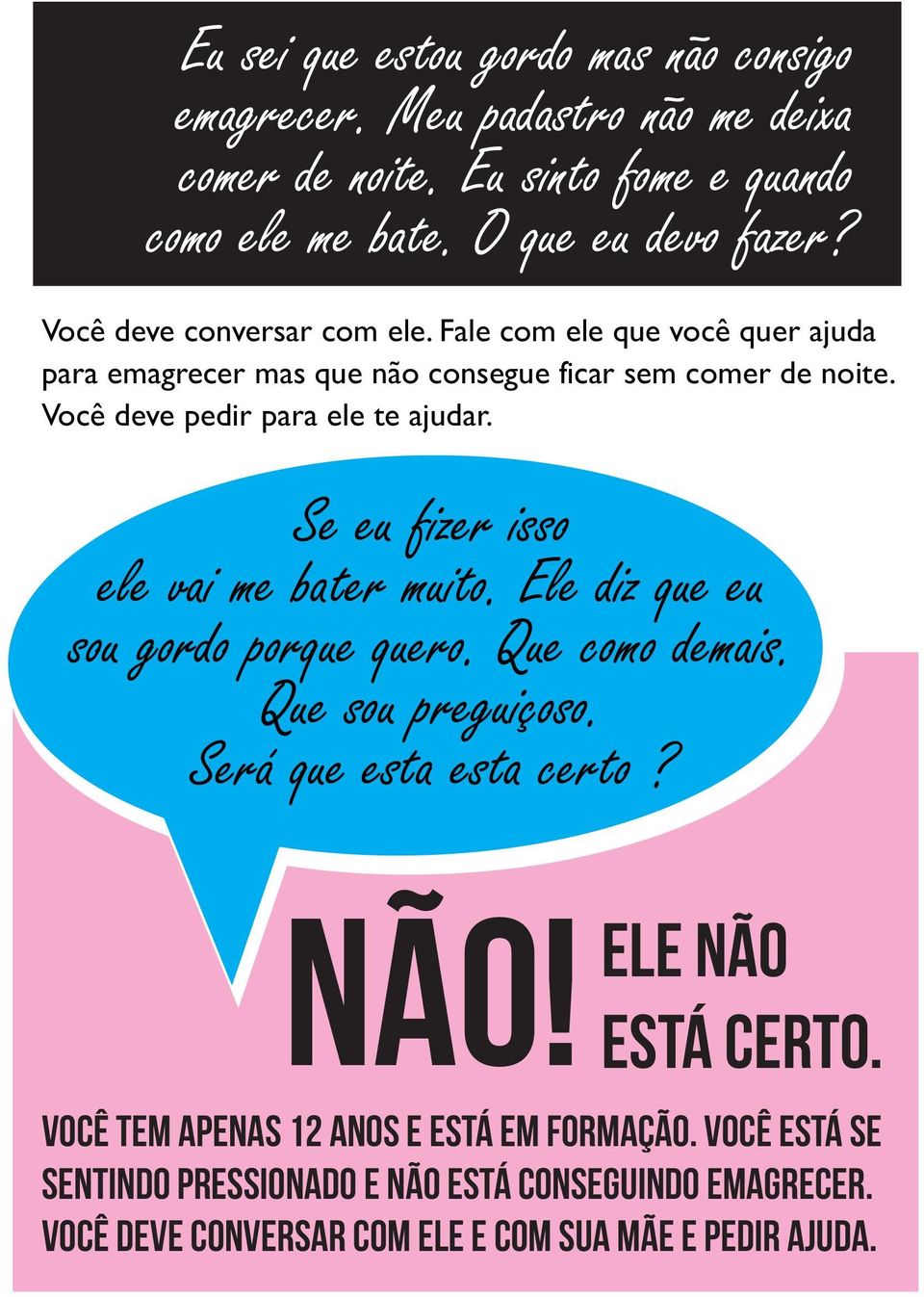 Se eu fizer isso ele vai me bater muito. Ele diz que eu sou gordo porque quero. Que como demais. Que sou preguiçoso. Será que esta esta certo? Não!