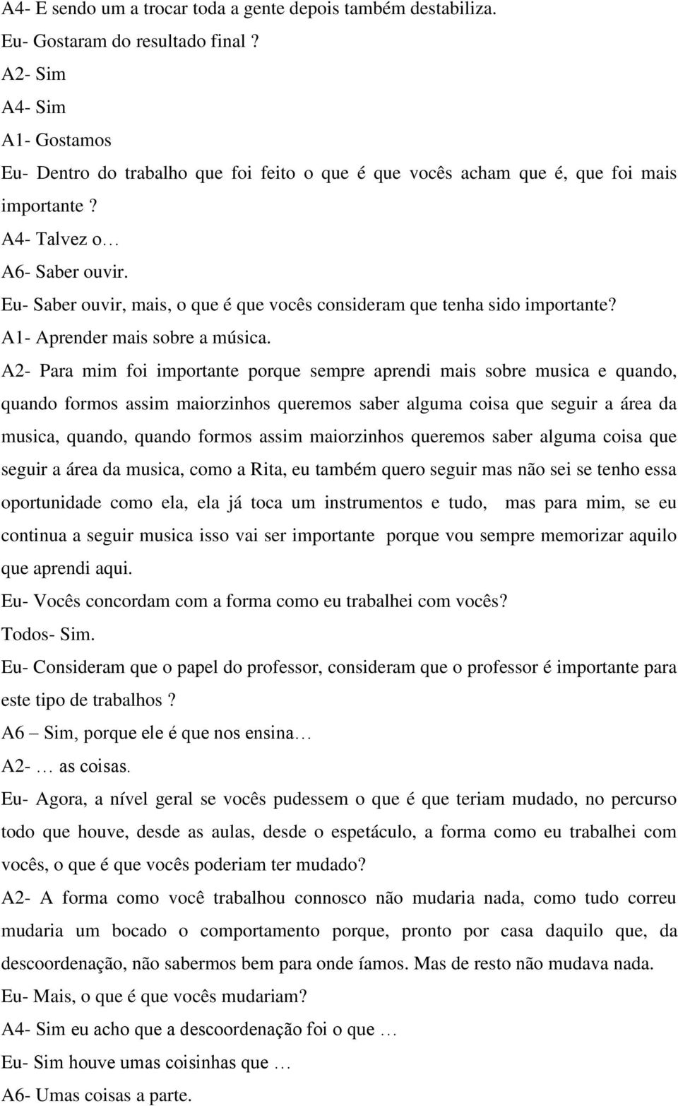 Eu- Saber ouvir, mais, o que é que vocês consideram que tenha sido importante? A1- Aprender mais sobre a música.