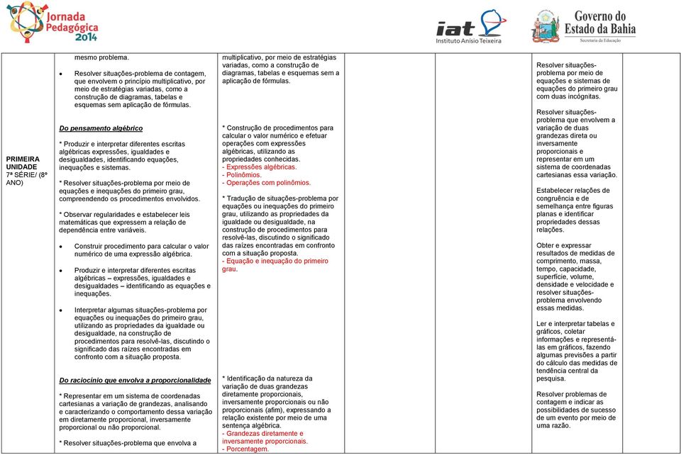 Do pensamento algébrico * Produzir e interpretar diferentes escritas algébricas expressões, igualdades e desigualdades, identificando equações, inequações e sistemas.