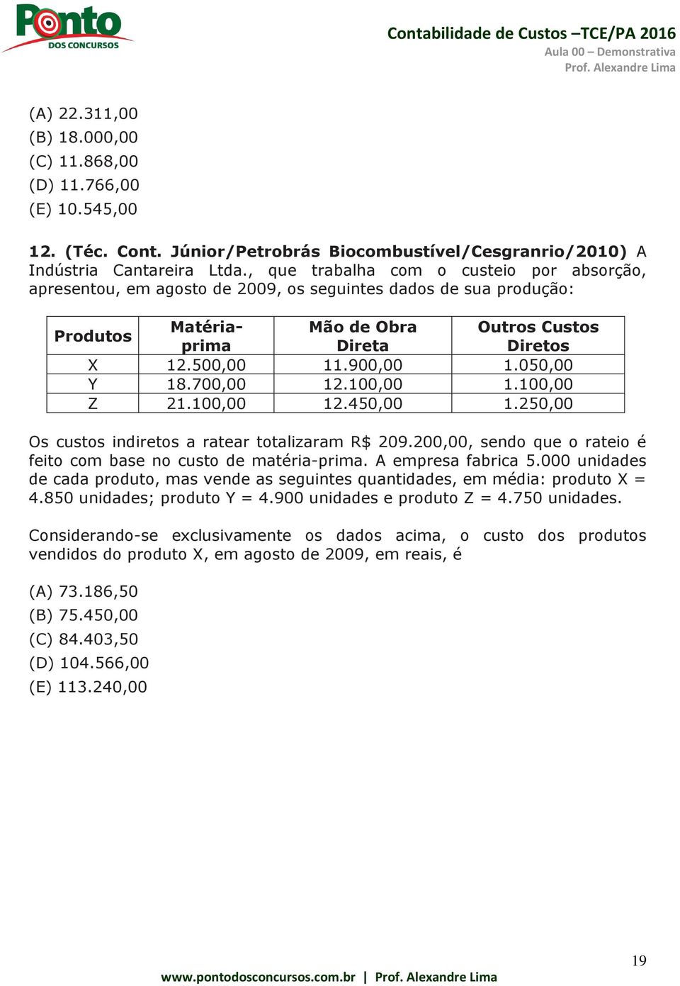 050,00 Y 18.700,00 12.100,00 1.100,00 Z 21.100,00 12.450,00 1.250,00 Os custos indiretos a ratear totalizaram R$ 209.200,00, sendo que o rateio é feito com base no custo de matéria-prima.