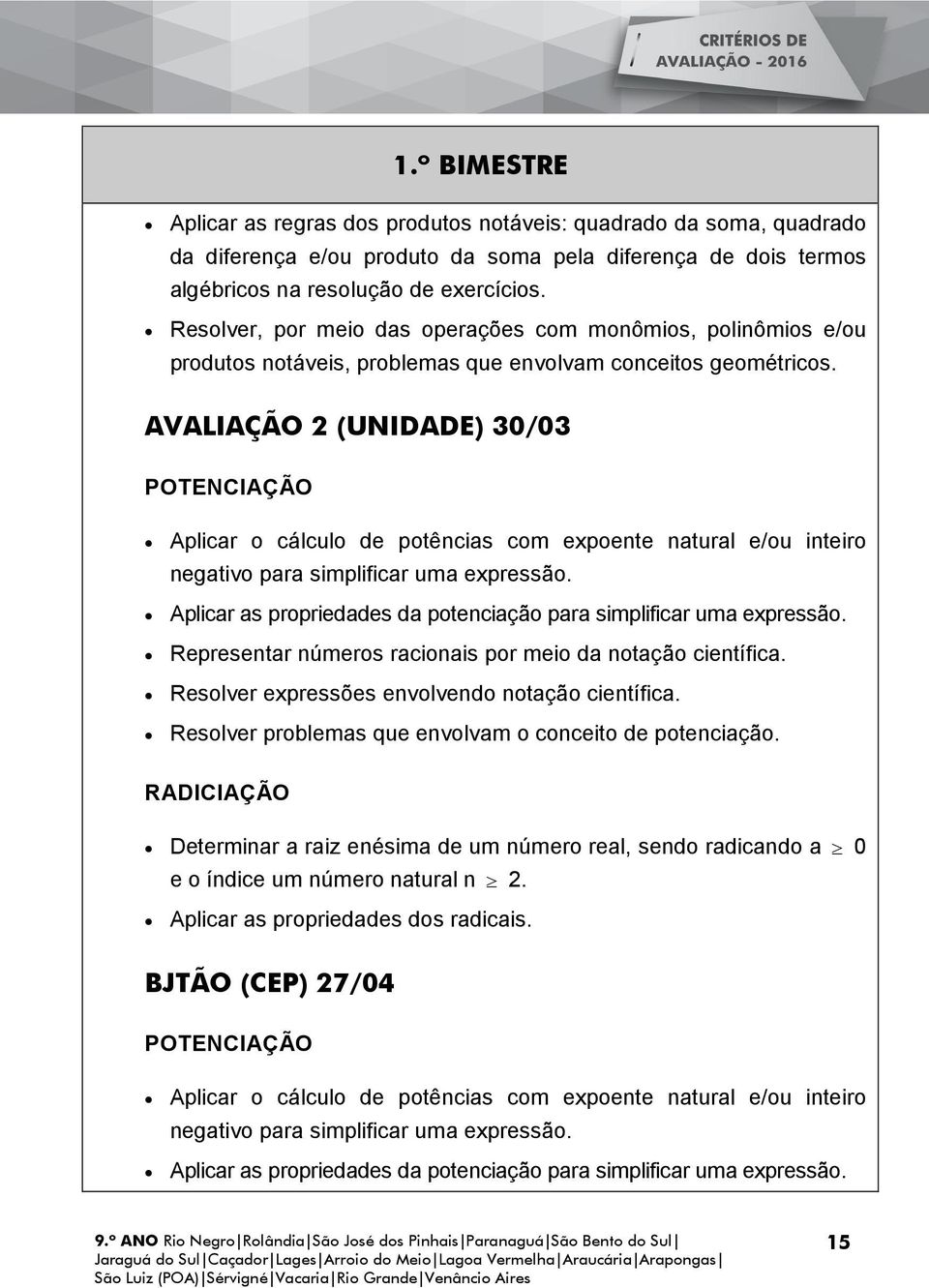 AVALIAÇÃO 2 (UNIDADE) 30/03 POTENCIAÇÃO Aplicar o cálculo de potências com expoente natural e/ou inteiro negativo para simplificar uma expressão.