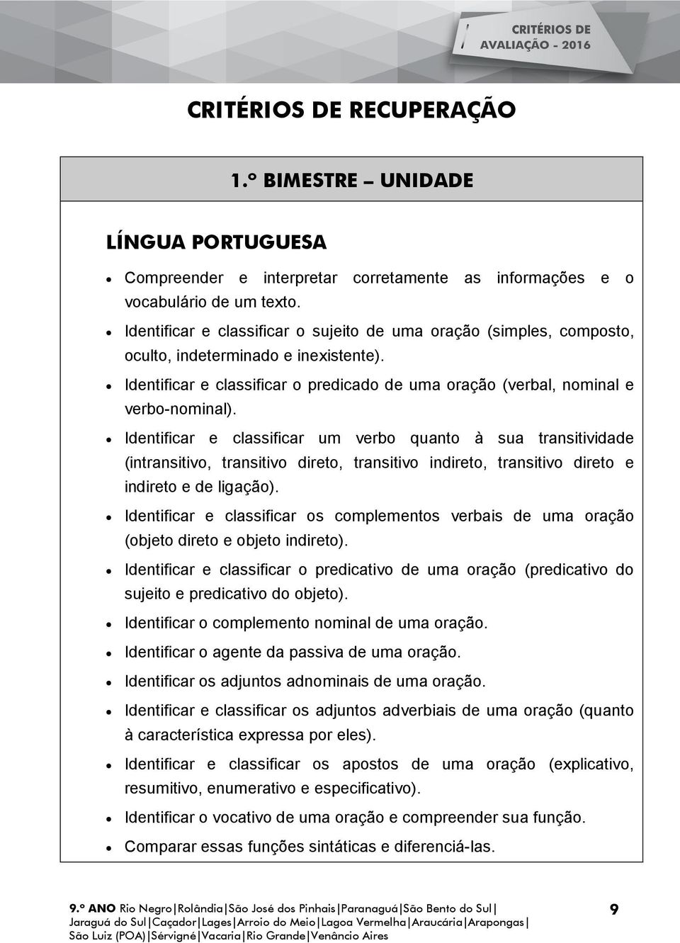 Identificar e classificar um verbo quanto à sua transitividade (intransitivo, transitivo direto, transitivo indireto, transitivo direto e indireto e de ligação).