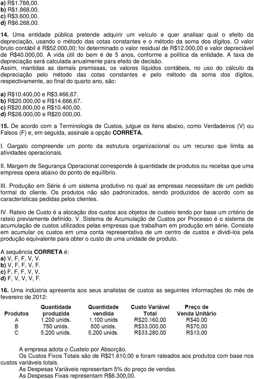 000,00; foi determinado o valor residual de R$12.000,00 e valor depreciável de R$40.000,00. A vida útil do bem é de 5 anos, conforme a política da entidade.