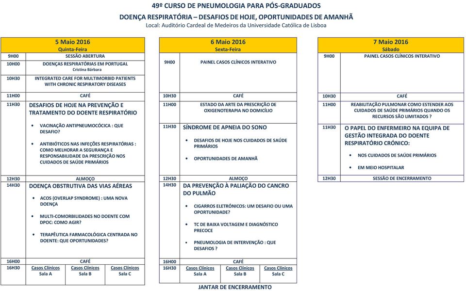 INTERATIVO 10H30 INTEGRATED CARE FOR MULTIMORBID PATIENTS WITH CHRONIC RESPIRATORY DISEASES 11H00 11H30 DESAFIOS DE HOJE NA PREVENÇÃO E TRATAMENTO DO DOENTE RESPIRATÓRIO 10H30 11H00 ESTADO DA ARTE DA