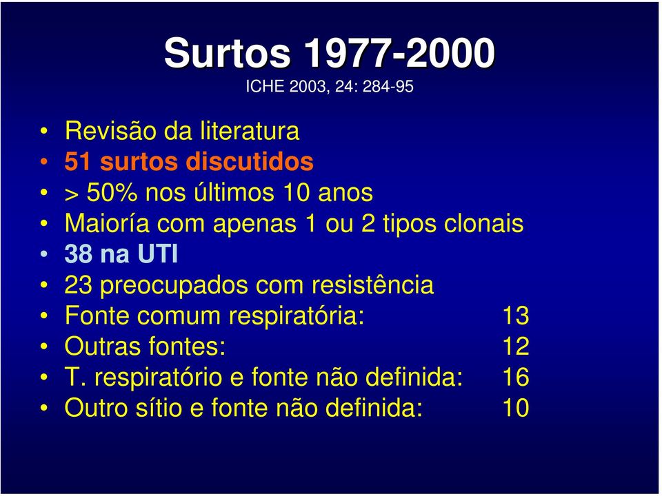 38 na UTI 23 preocupados com resistência Fonte comum respiratória: 13 Outras