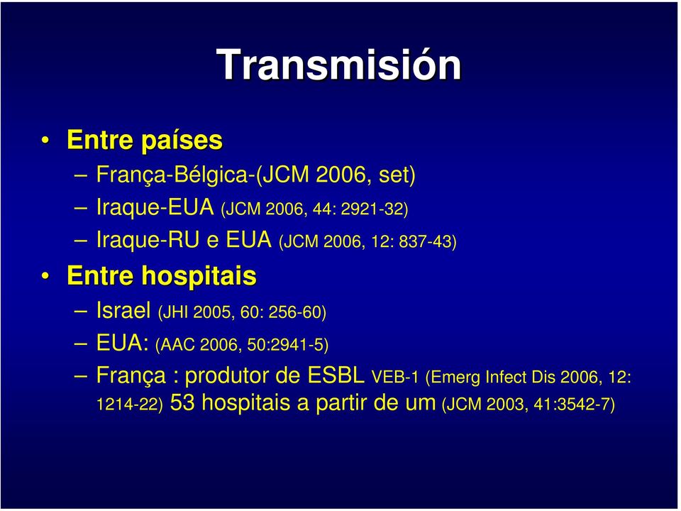 2005, 60: 256-60) EUA: (AAC 2006, 50:2941-5) França : produtor de ESBL VEB-1