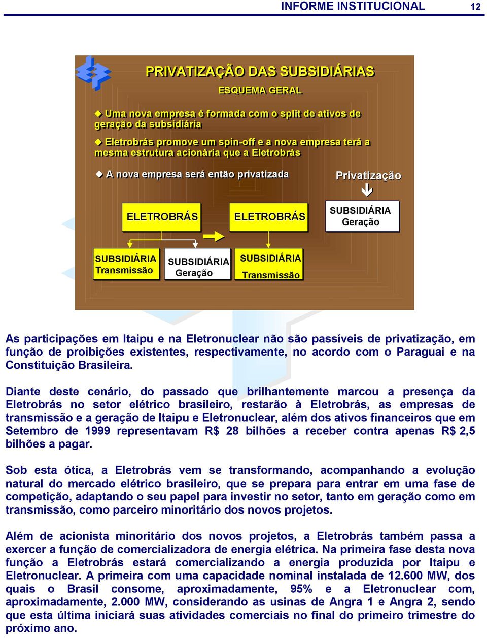 Transmissão As participações em Itaipu e na Eletronuclear não são passíveis de privatização, em função de proibições existentes, respectivamente, no acordo com o Paraguai e na Constituição Brasileira.