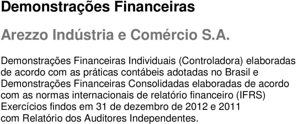 Demonstrações Financeiras Individuais (Controladora) elaboradas de acordo com as práticas