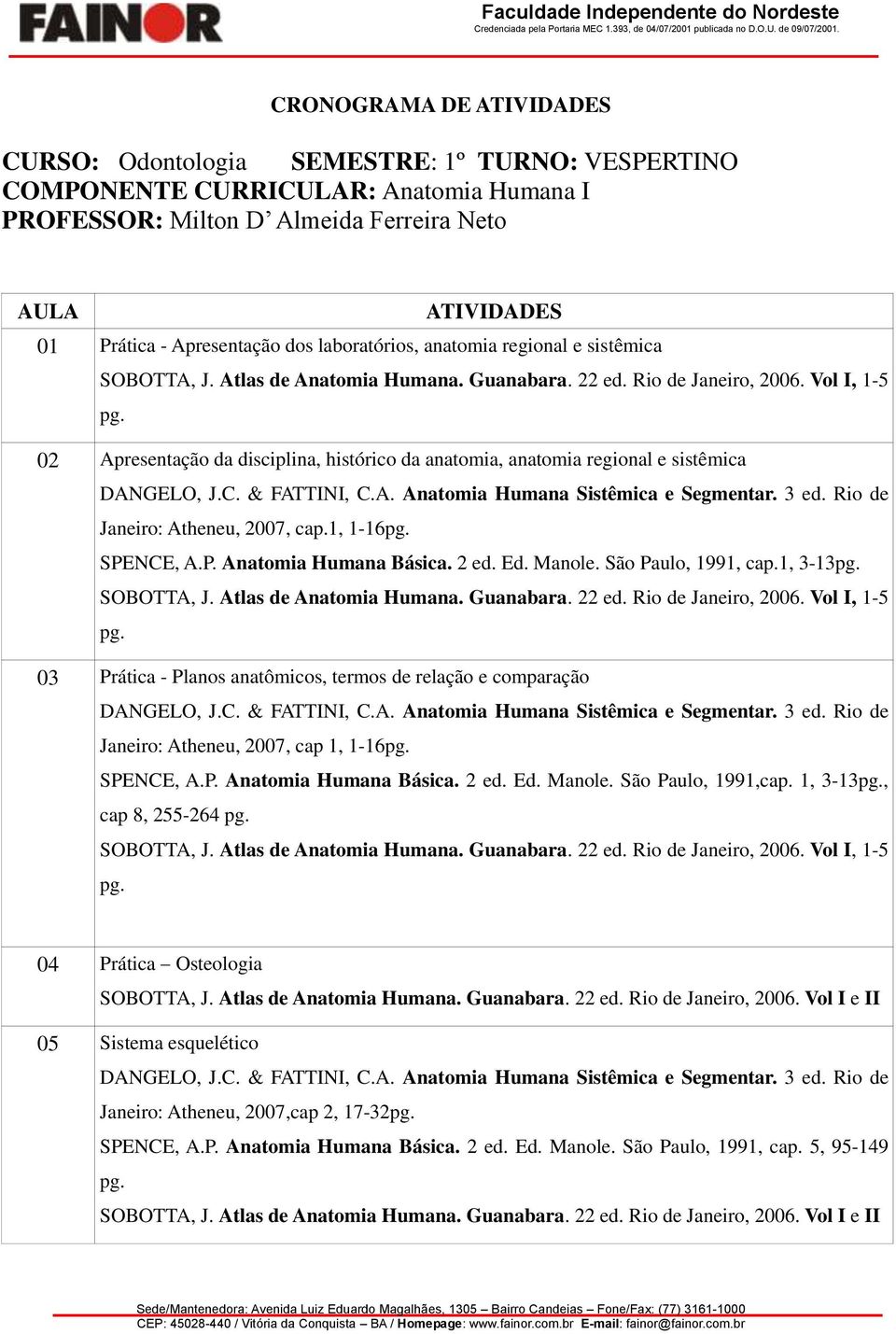 Vol I, 1-5 02 Apresentação da disciplina, histórico da anatomia, anatomia regional e sistêmica Janeiro: Atheneu, 2007, cap.1, 1-16 SPENCE, A.P. Anatomia Humana Básica. 2 ed. Ed. Manole.