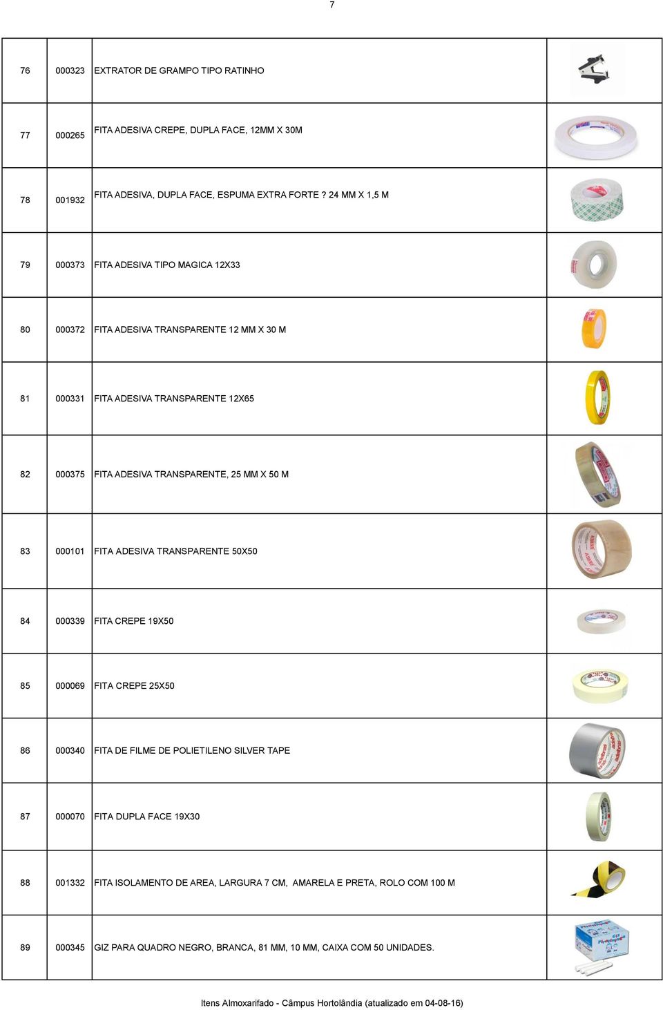 TRANSPARENTE, 25 MM X 50 M 83 000101 FITA ADESIVA TRANSPARENTE 50X50 84 000339 FITA CREPE 19X50 85 000069 FITA CREPE 25X50 86 000340 FITA DE FILME DE POLIETILENO SILVER