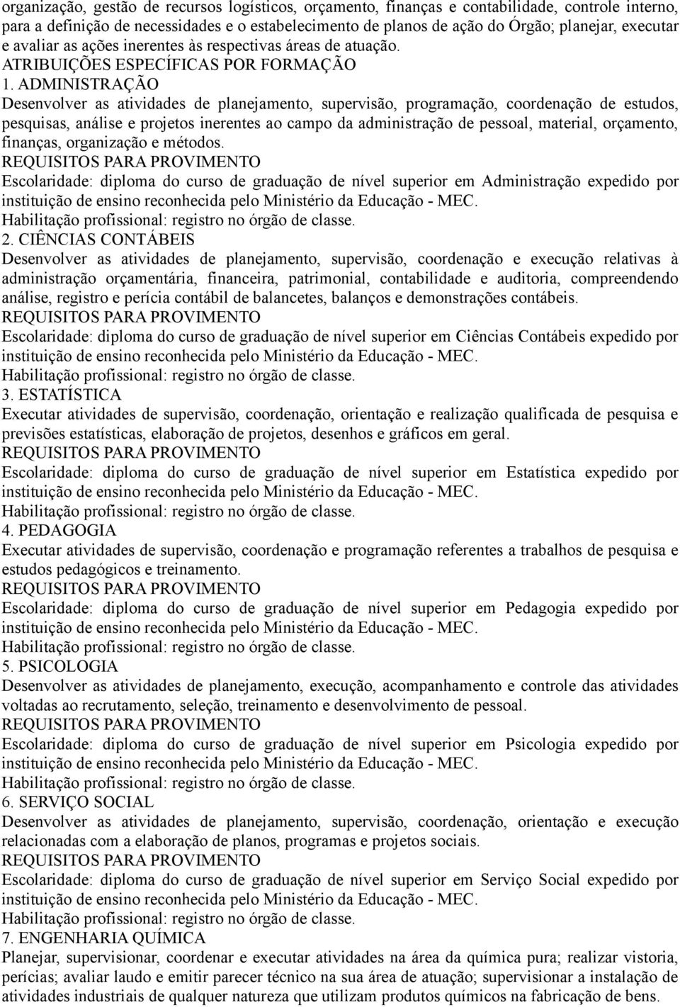 ADMINISTRAÇÃO Desenvolver as atividades de planejamento, supervisão, programação, coordenação de estudos, pesquisas, análise e projetos inerentes ao campo da administração de pessoal, material,