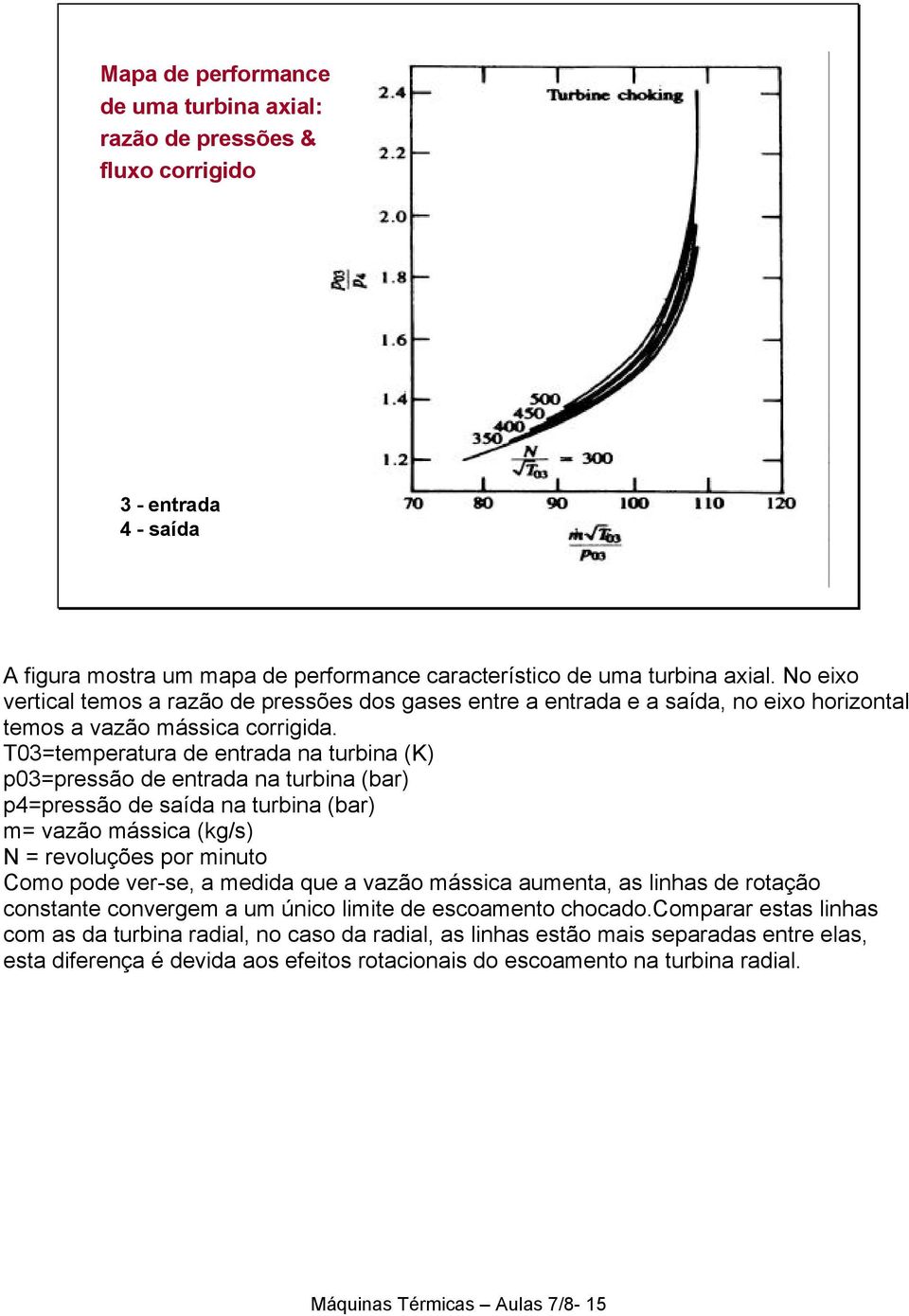 T0=temperatura de entrada na turbina (K p0=pressão de entrada na turbina (bar p4=pressão de saída na turbina (bar m= vazão mássica (kg/s N = revoluções por minuto Como pode ver-se, a medida que a