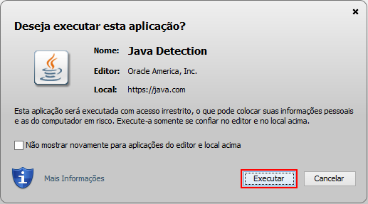 Basta clicar em Executar Caso use o navegador Internet Explorer, ao abrir um site que tem o Java, na barra de status (final da página) será exibida a seguinte informação: Basta clicar em Habilitar