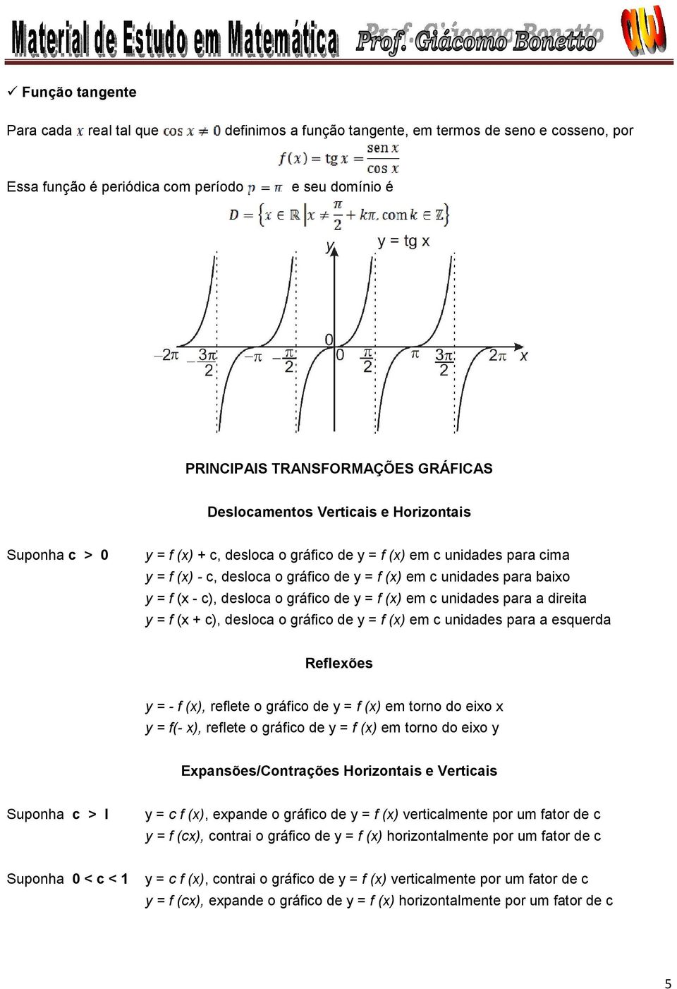 unidades para a direita y = f ( + c), deslca gráfic de y = f () em c unidades para a esquerda Refleões y = - f (), reflete gráfic de y = f () em trn d ei y = f(- ), reflete gráfic de y = f () em trn