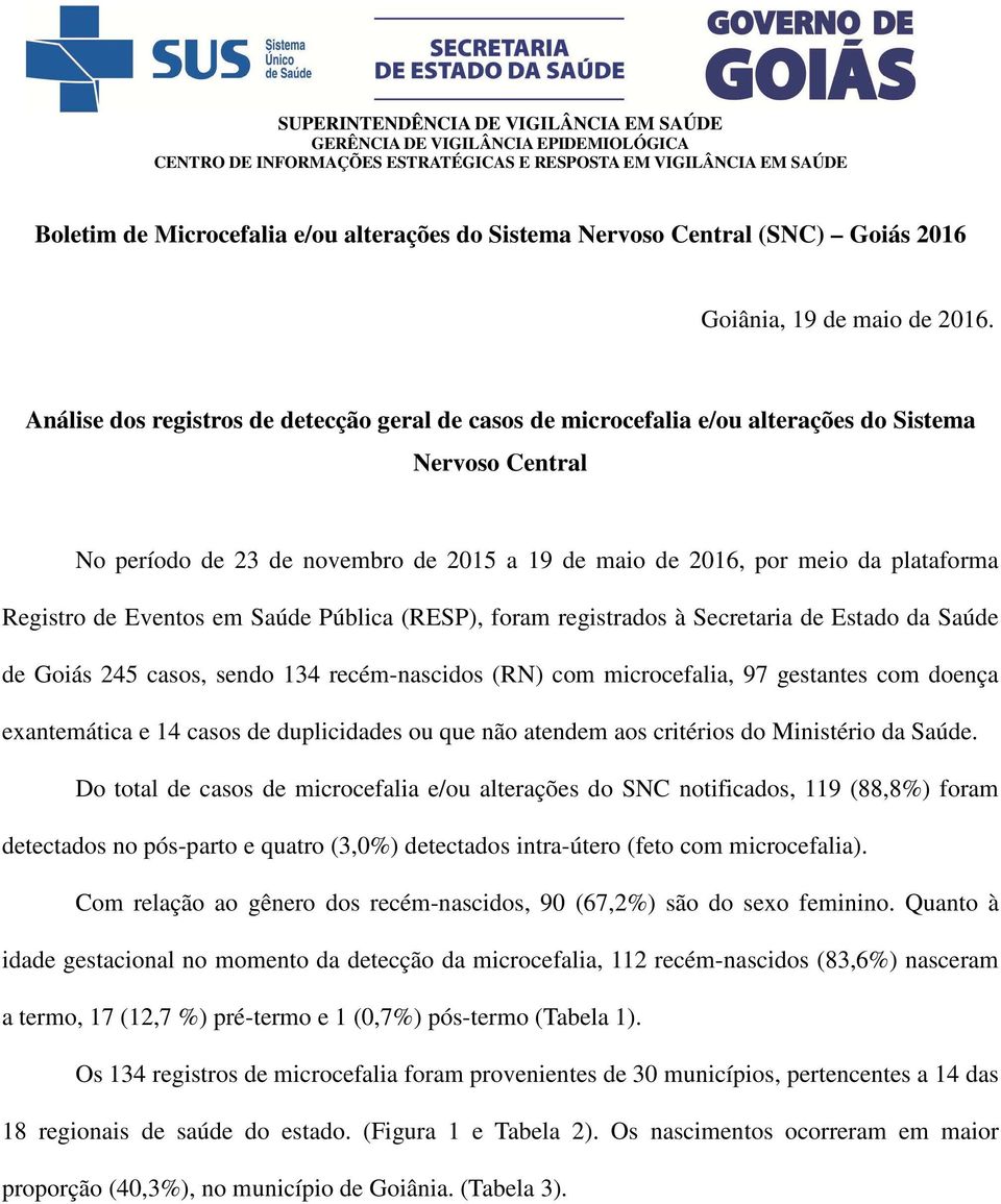 Análise dos registros de detecção geral de casos de microcefalia e/ou alterações do Sistema Nervoso Central No período de 23 de novembro de 2015 a 19 de maio de 2016, por meio da plataforma Registro