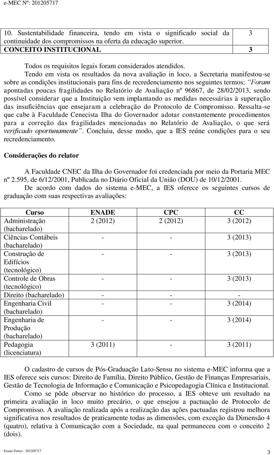 Tendo em vista os resultados da nova avaliação in loco, a Secretaria manifestou-se sobre as condições institucionais para fins de recredenciamento nos seguintes termos: Foram apontadas poucas