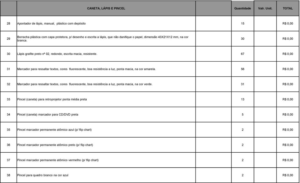 R$ 0,00 branca. 30 Lápis grafite preto nº 02, redondo, escrita macia, resistente. 67 R$ 0,00 31 Marcador para ressaltar textos, cores fluorescente, boa resistência a luz, ponta macia, na cor amarela.