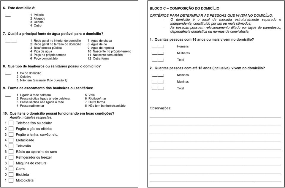 terreno Nascente comunitária Poço comunitário Outra forma 8. Que tipo de banheiros ou sanitários possui o domicílio? Só do domicílio Coletivo Não tem (assinalar 8 no quesito 9) 9.