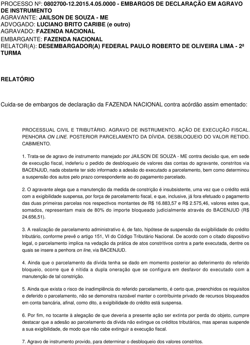 Trata-se de agravo de instrumento manejado por JAILSON DE SOUZA - ME contra decisão que, em sede de execução fiscal, indeferiu o pedido de desbloqueio de valores das contas do agravante, constritos