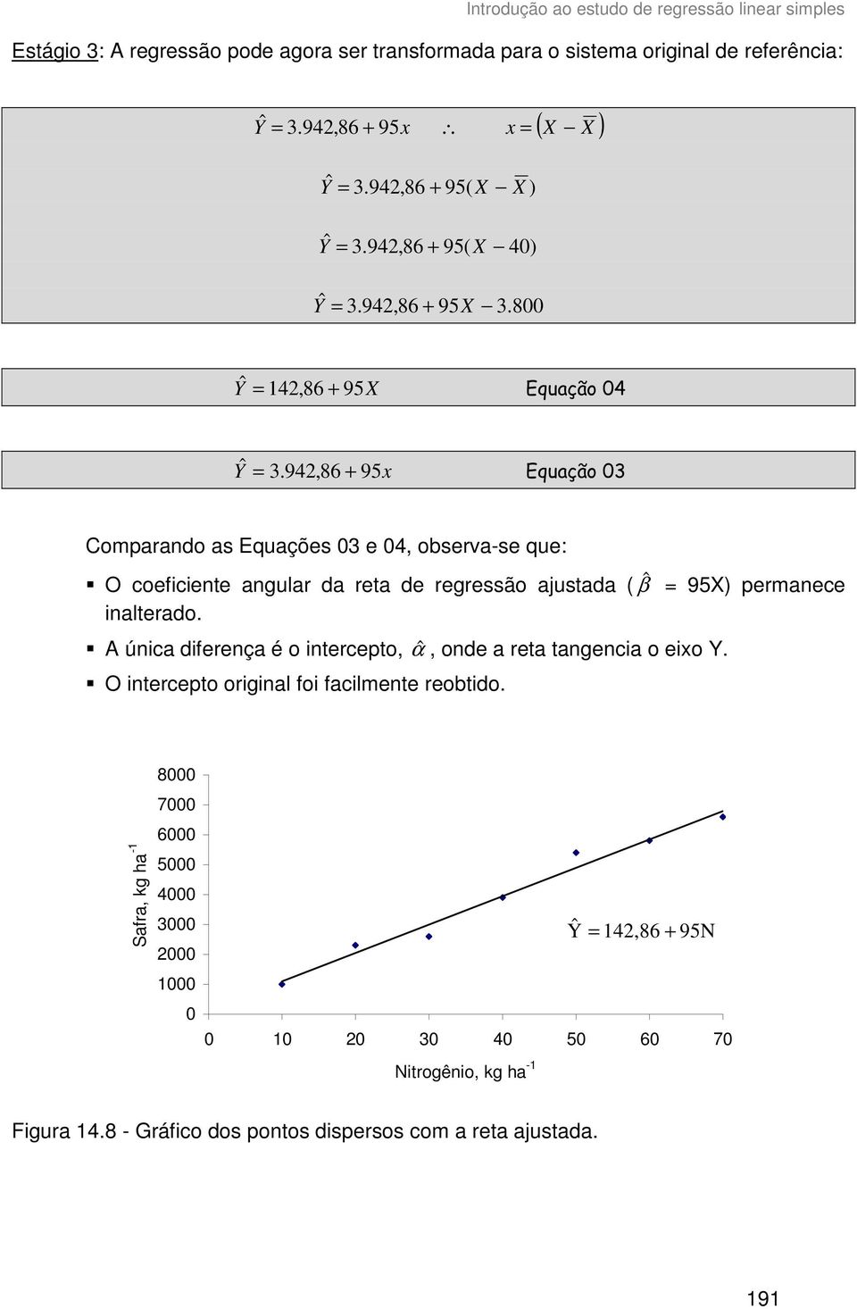 94,86 + 95 Equação 3 Comparado as Equações 3 e 4, observa-se que:? O coefcete agular da reta de regressão ajustada ( 95X) permaece alterado.