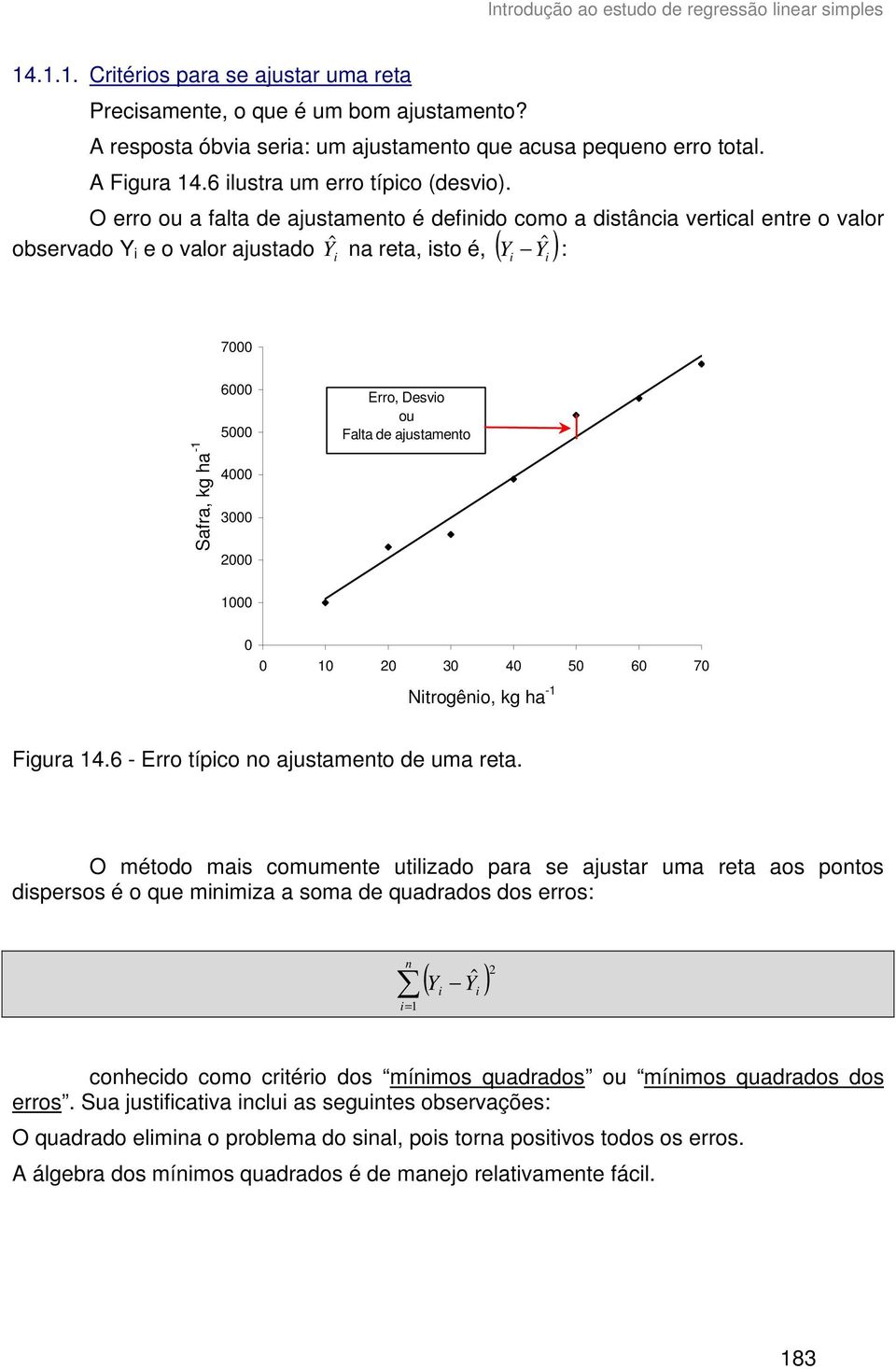 O erro ou a falta de ajustameto é defdo como a dstâca vertcal etre o valor observado e o valor ajustado a reta, sto é, ( ): 7 6 5 4 3 Erro, Desvo ou Falta de ajustameto 1 1 3 4 5 6 7 Ntrogêo, kg ha