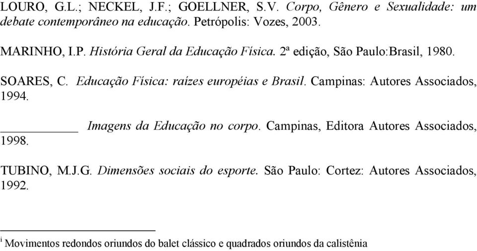 Campinas: Autores Associados, 1994. Imagens da Educação no corpo. Campinas, Editora Autores Associados, 1998. TUBINO, M.J.G.