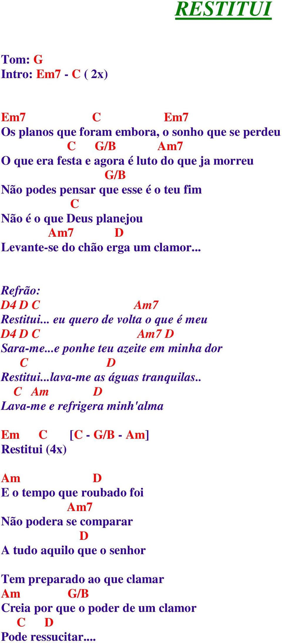 .. eu quero de volta o que é meu 4 Am7 Sara-me...e ponhe teu azeite em minha dor Restitui...lava-me as águas tranquilas.