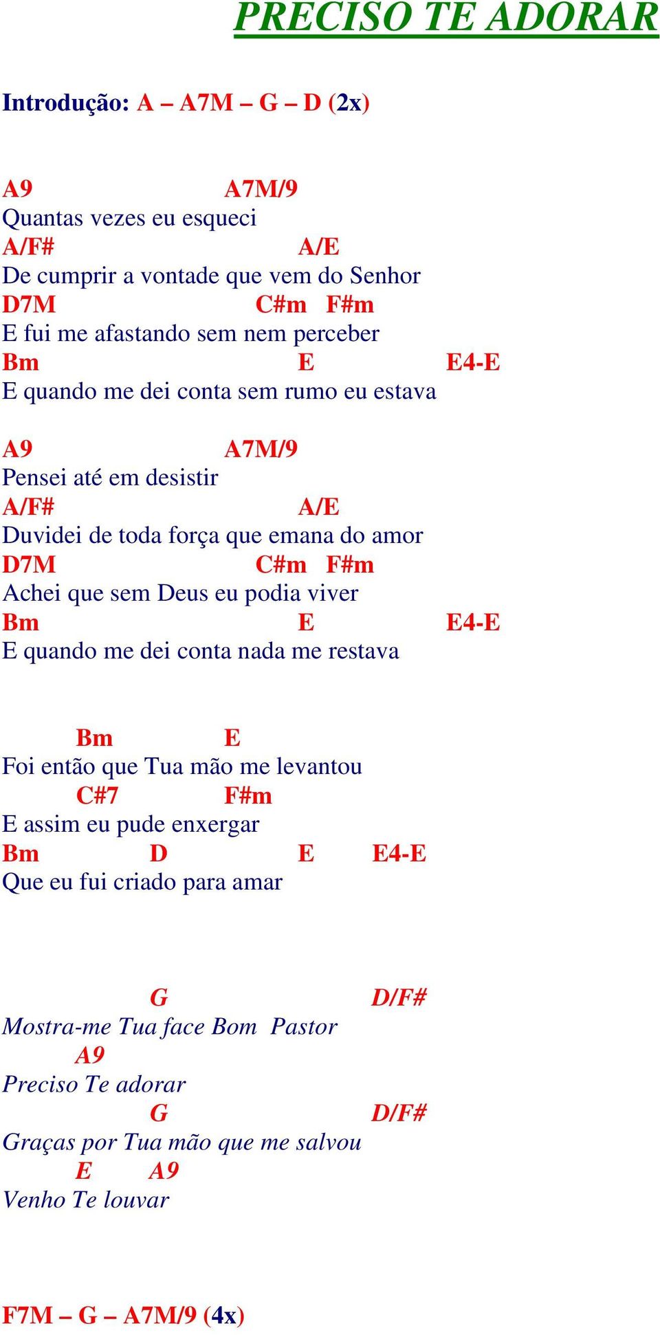 Achei que sem eus eu podia viver Bm E E4-E E quando me dei conta nada me restava Bm E Foi então que Tua mão me levantou #7 F#m E assim eu pude enxergar Bm E