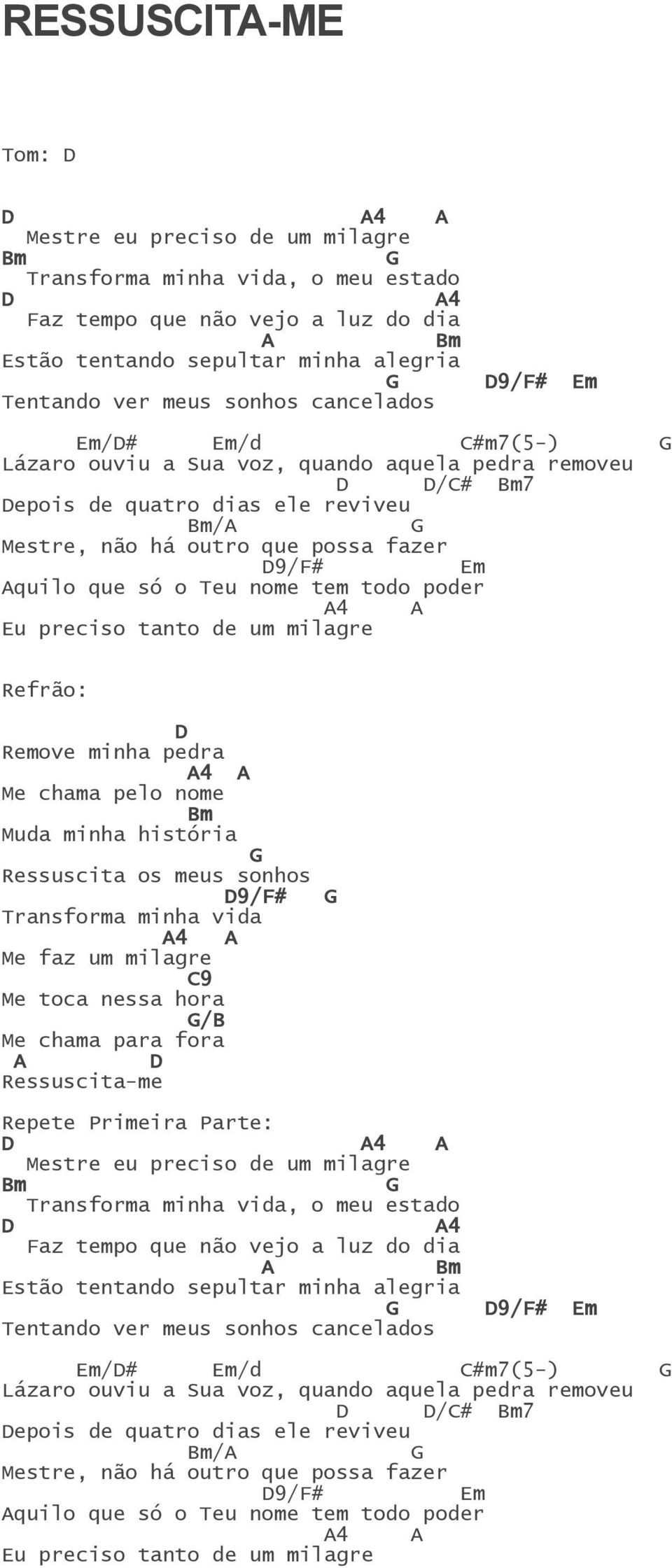 tanto de um milagre Refrão: Remove minha pedra 4 Me chama pelo nome Muda minha história Ressuscita os meus sonhos 9/# Transforma minha vida 4 Me faz um milagre Me toca nessa hora / Me chama para fora