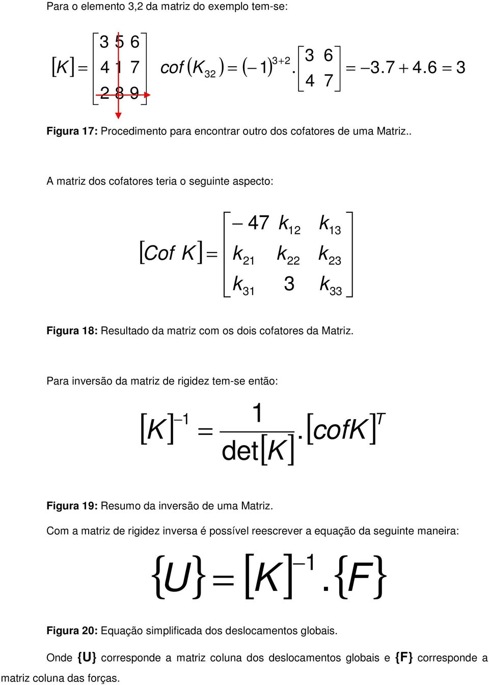 Para inversão da matriz de rigidez tem-se então: K. det [ ] cok [ ] [ K ]T Figura 9: Resumo da inversão de uma Matriz.