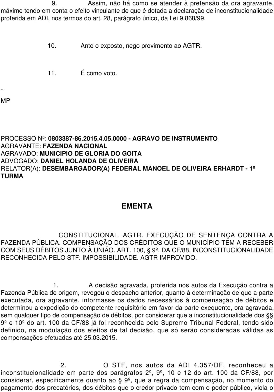 0000 - AGRAVO DE INSTRUMENTO AGRAVANTE: FAZENDA NACIONAL AGRAVADO: MUNICIPIO DE GLORIA DO GOITA ADVOGADO: DANIEL HOLANDA DE OLIVEIRA RELATOR(A): DESEMBARGADOR(A) FEDERAL MANOEL DE OLIVEIRA ERHARDT -