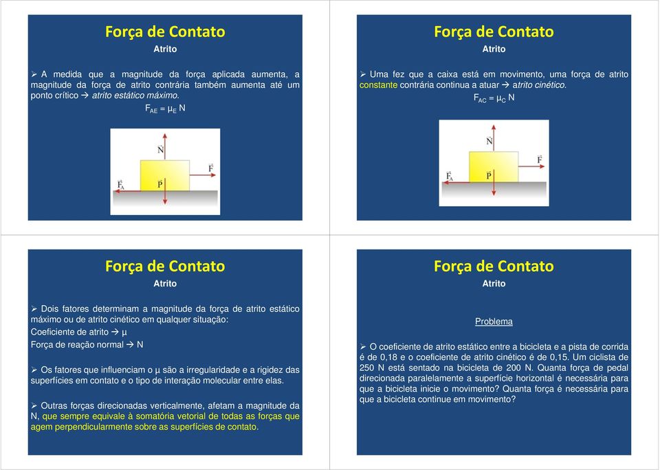 F AC = µ C N Força de Contato Atrito Força de Contato Atrito Dois fatores determinam a magnitude da força de atrito estático máximo ou de atrito cinético em qualquer situação: Coeficiente de atrito µ